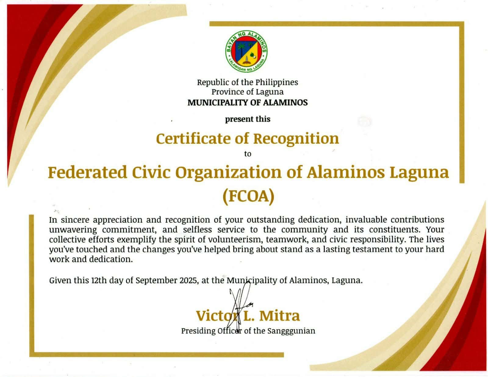 Certificate of Recognition